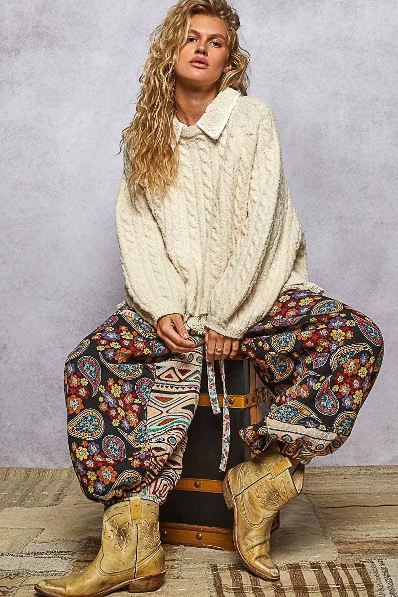Collar neck double gauze crochet patch sweater top