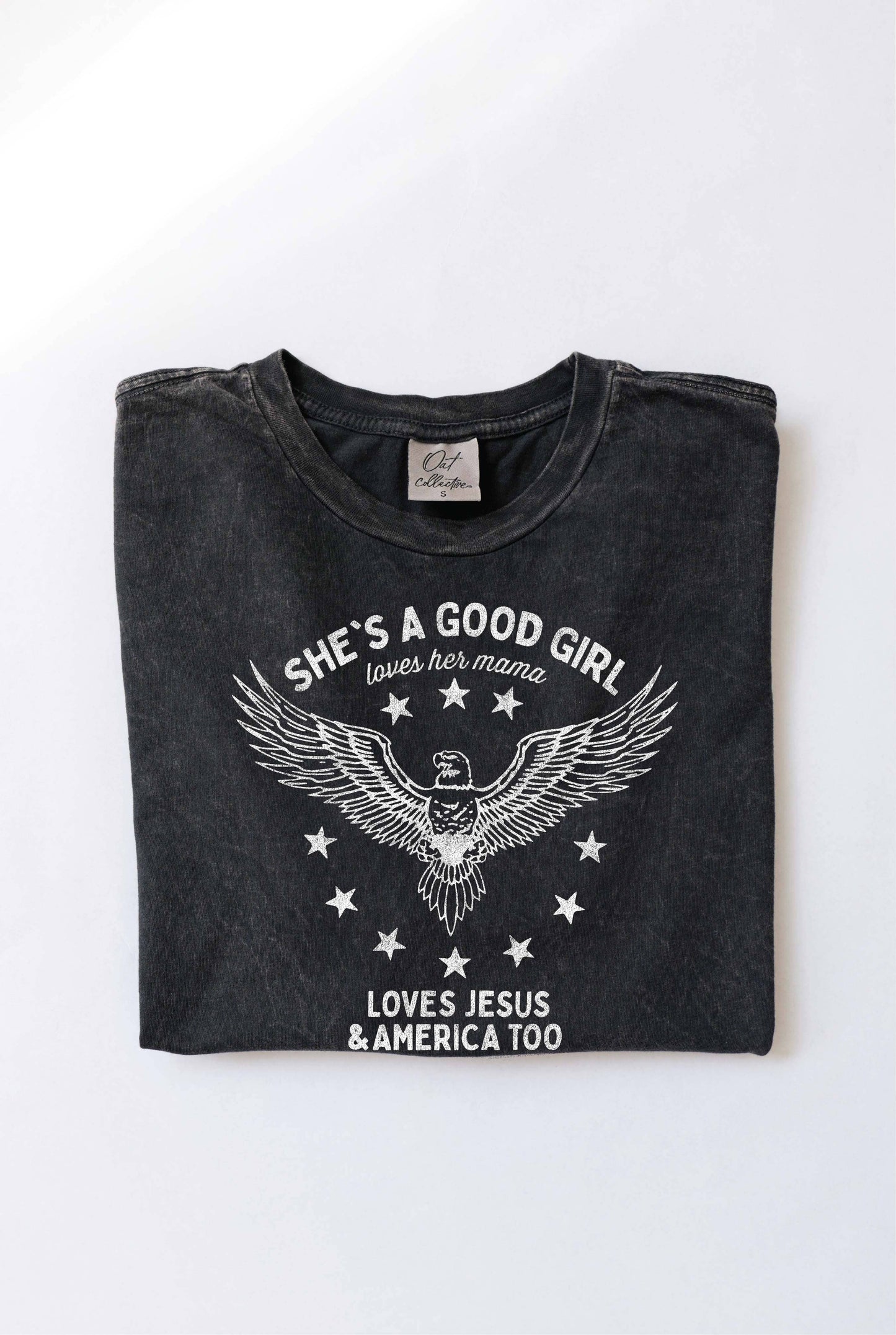 SHE'S A GOOD GIRL Mineral Washed Graphic Top
