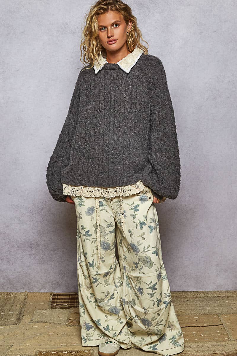 Collar neck double gauze crochet patch sweater top