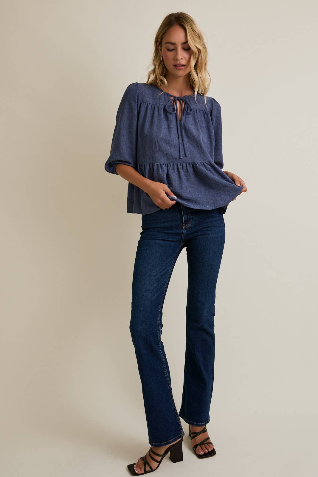 Round Neck Front Tie 3/4 Sleeve