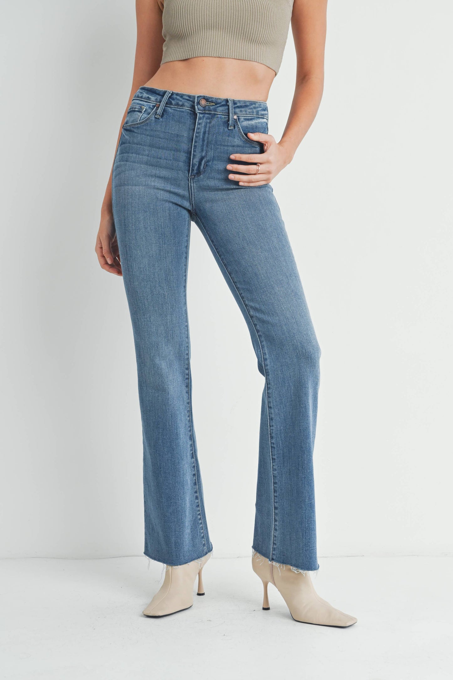 High Rise Scissor Cut Flare- Med wash