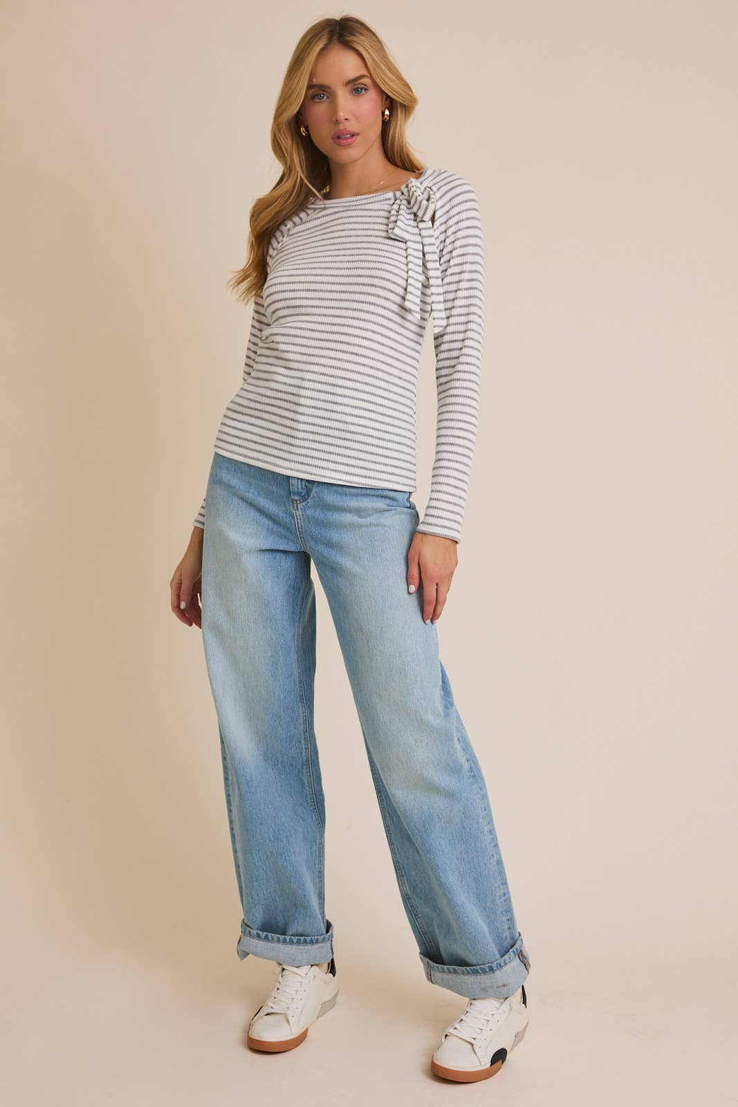 Round Neck Tie Detail stripe top