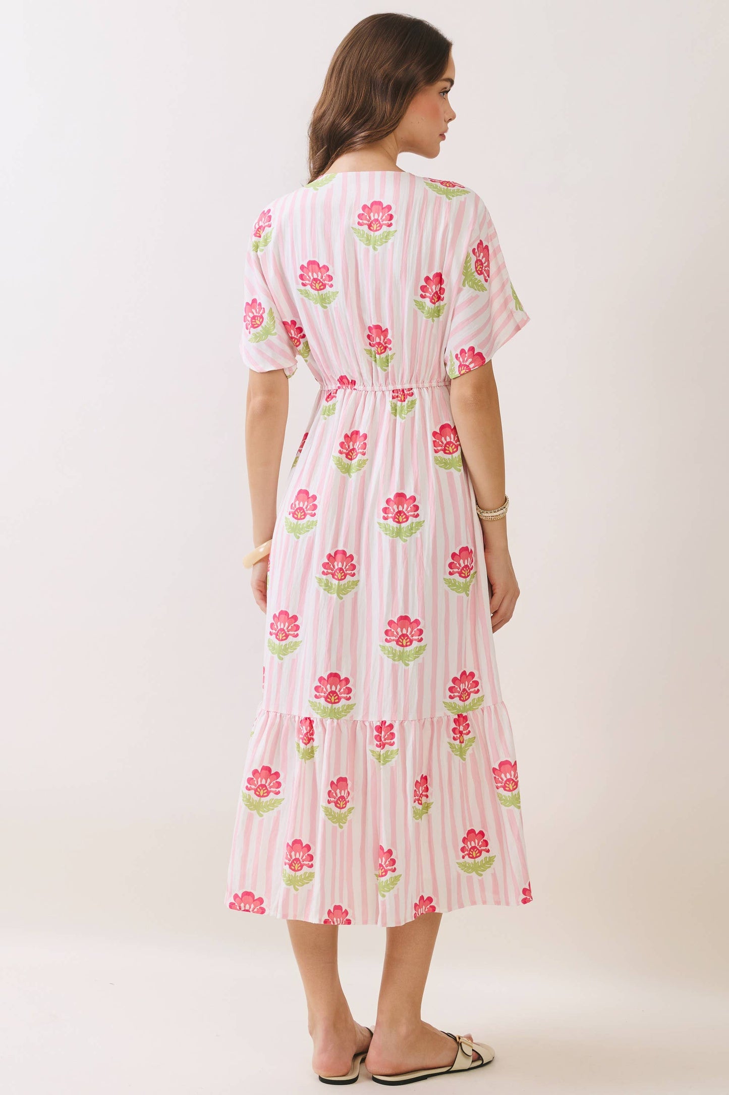 Floral Stripe Print V Neck Midi Dress