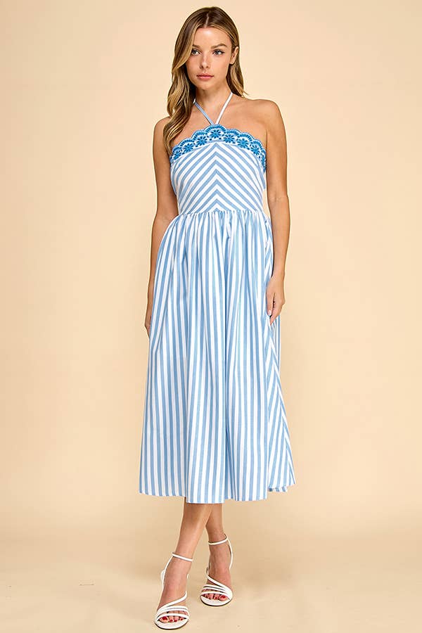 Scalloped halter neckline midi dress