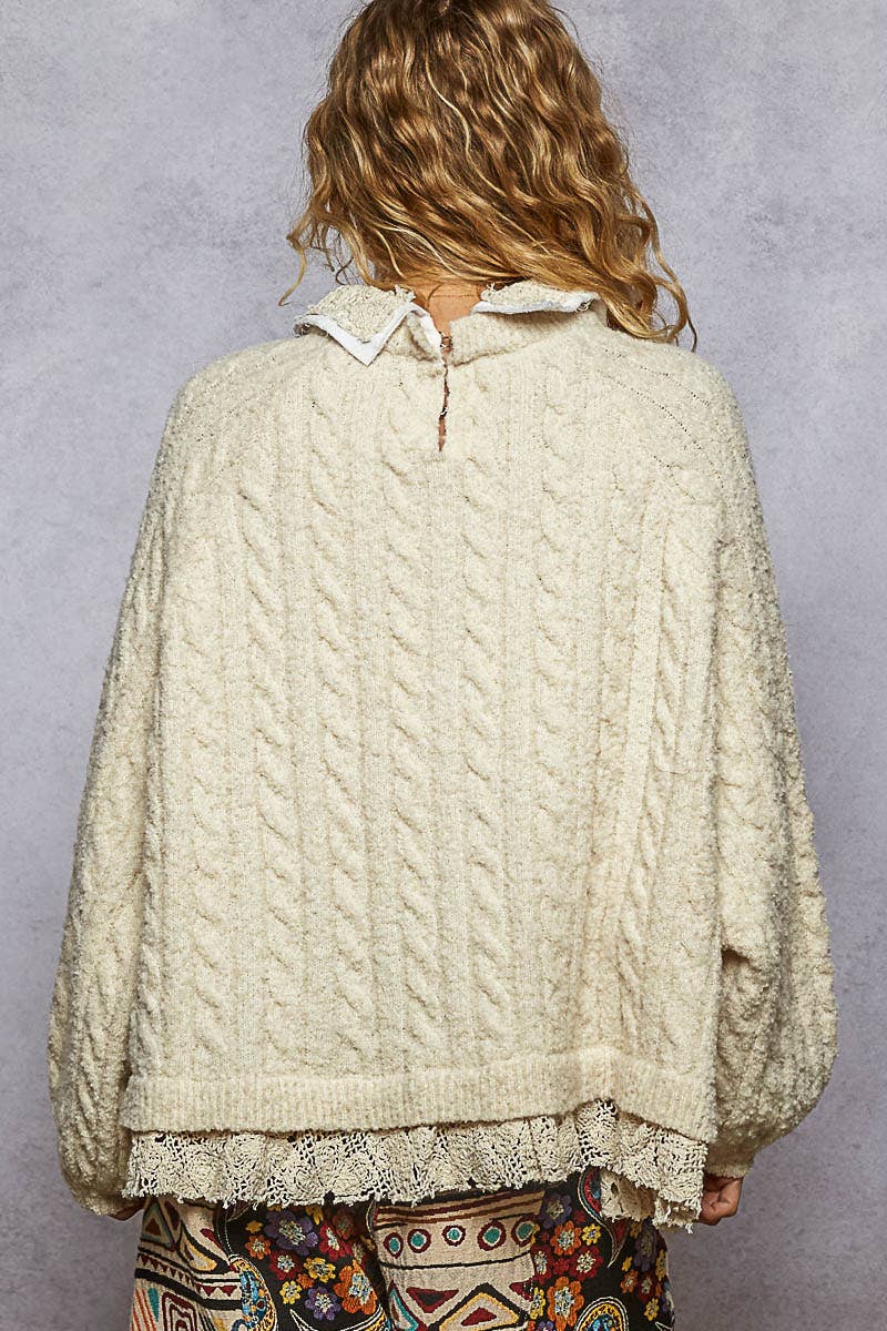 Collar neck double gauze crochet patch sweater top