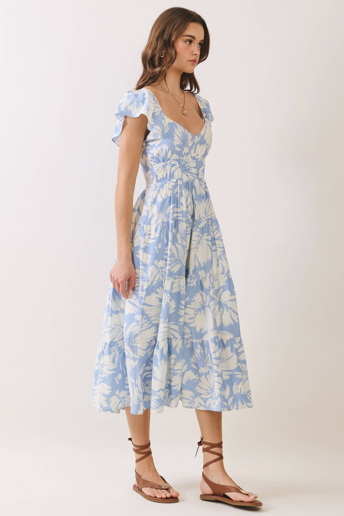 Floral Print Back Cutout Tiered Midi Dress