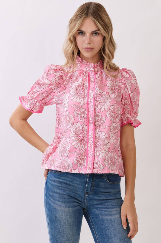 Floral Contrast Piping Puff Sleeve Blouse