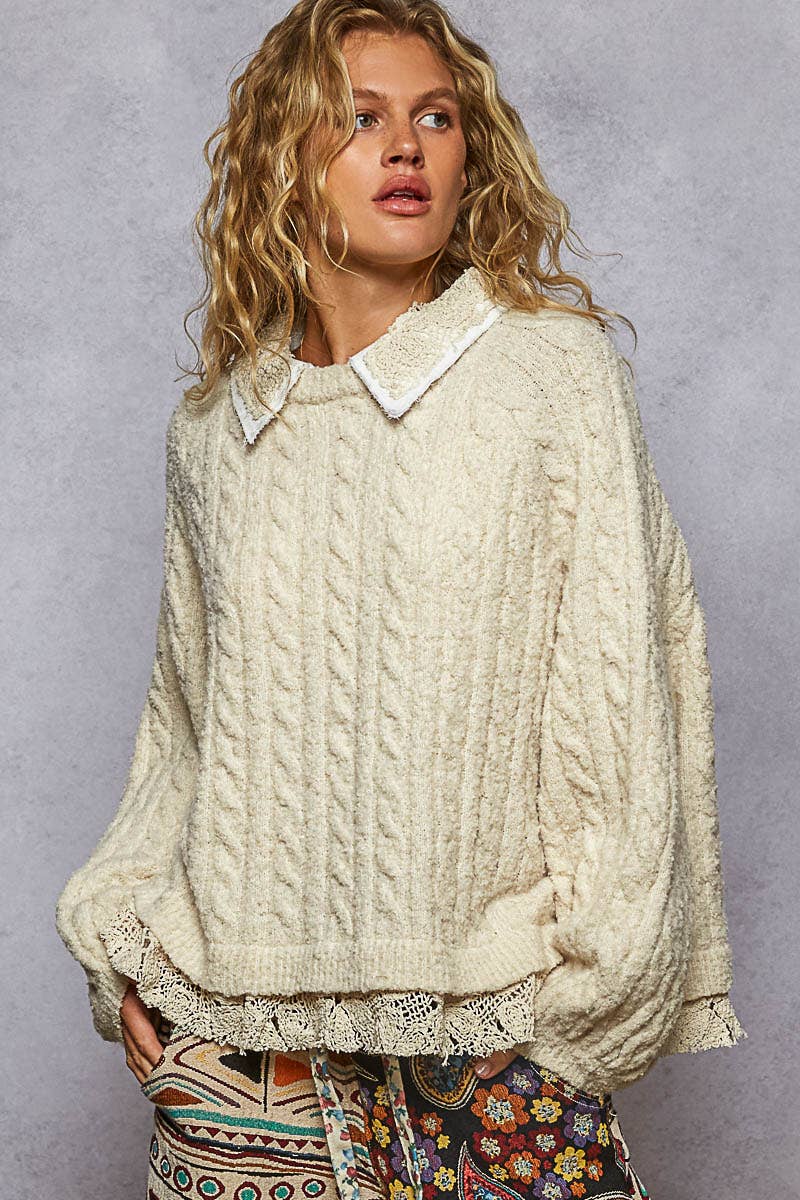 Collar neck double gauze crochet patch sweater top