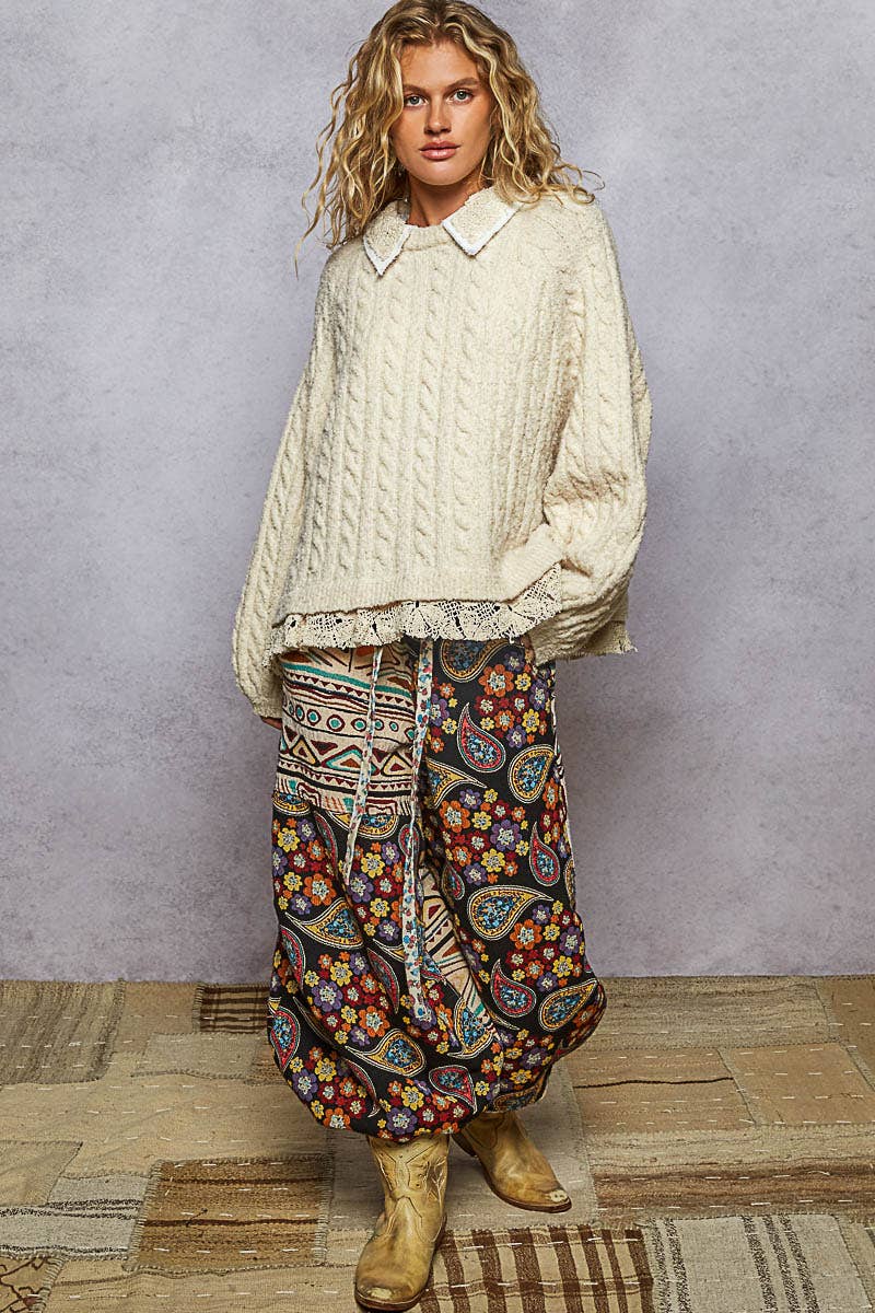 Collar neck double gauze crochet patch sweater top