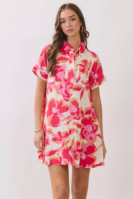 Abstract Floral Print Shirt Mini Dress