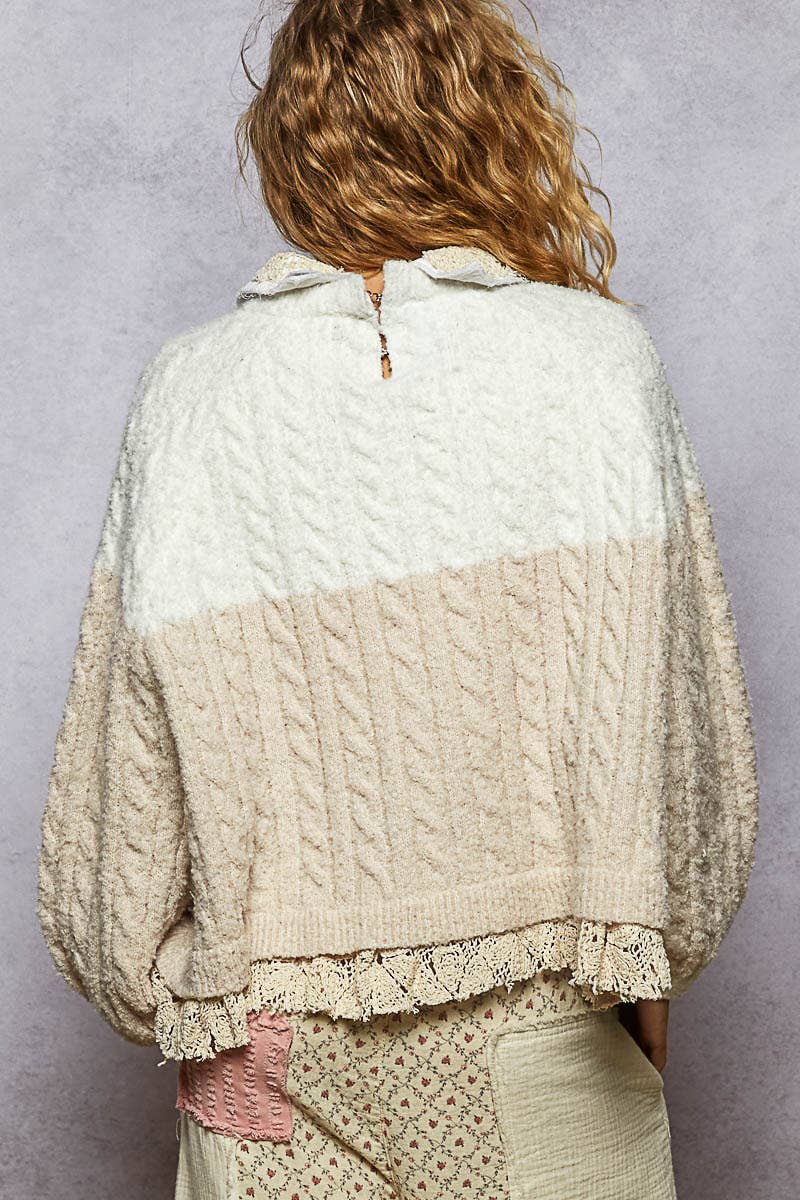 Collar neck double gauze crochet patch sweater top