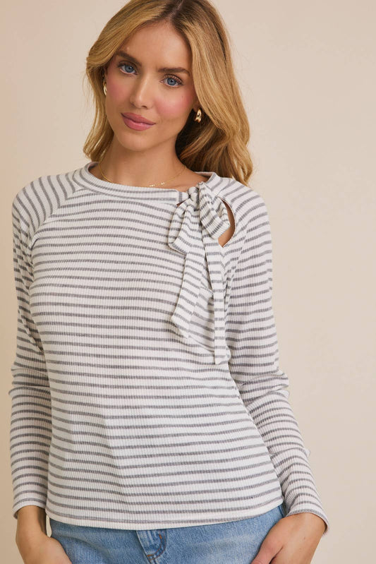 Round Neck Tie Detail stripe top
