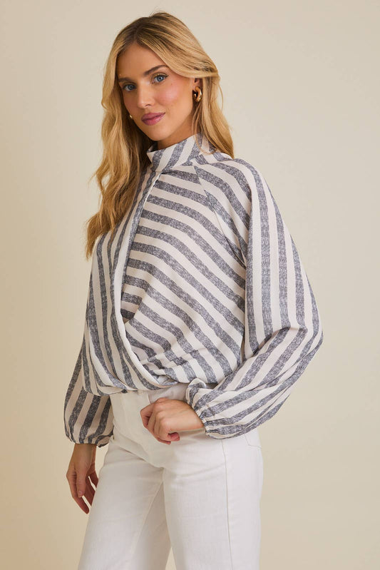 Mock Neck Surlice Stripe Top