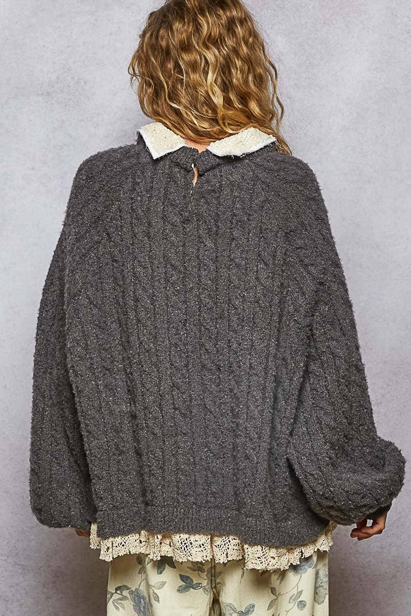 Collar neck double gauze crochet patch sweater top