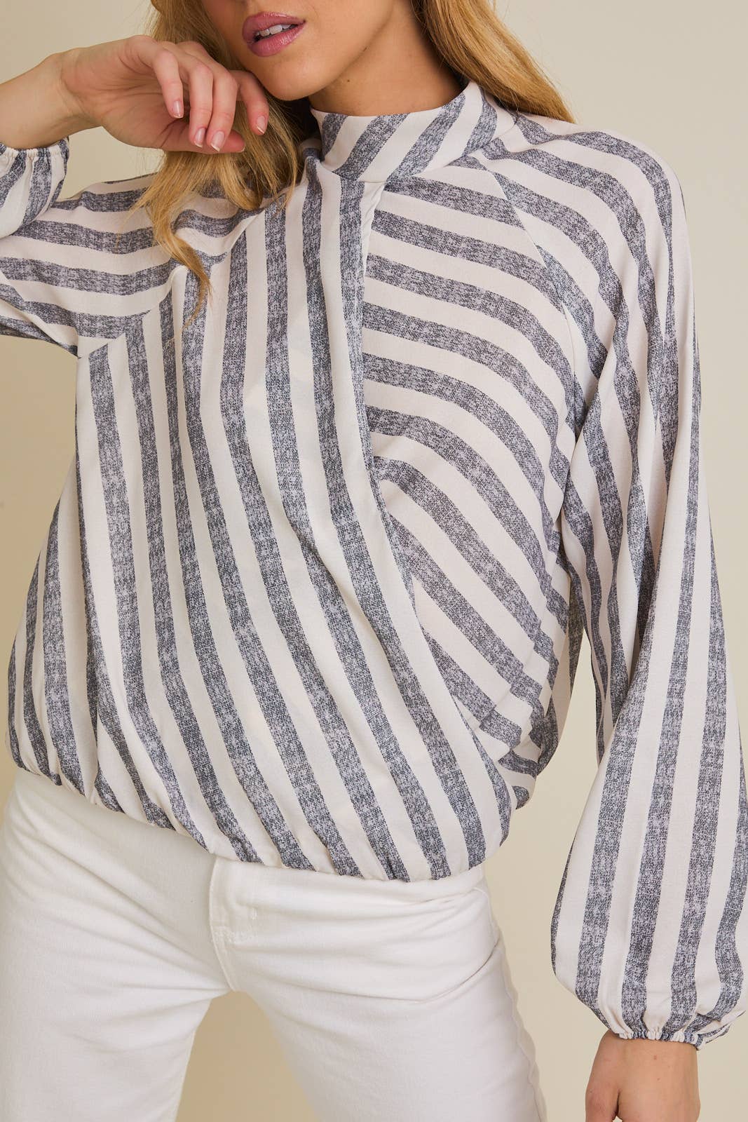 Mock Neck Surlice Stripe Top