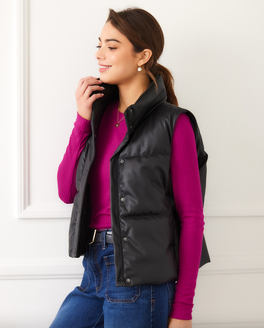 Faux Leather Quilted Puffer Vest