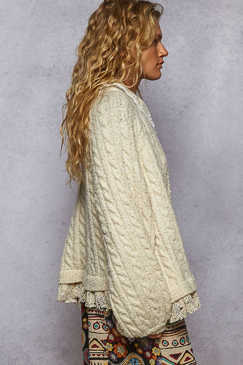 Collar neck double gauze crochet patch sweater top