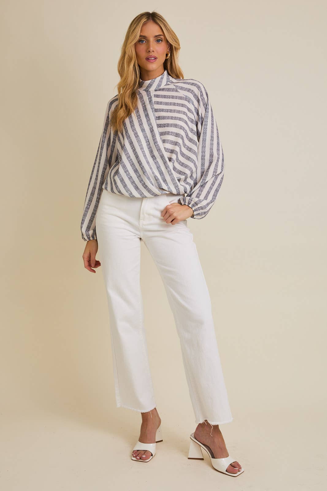 Mock Neck Surlice Stripe Top