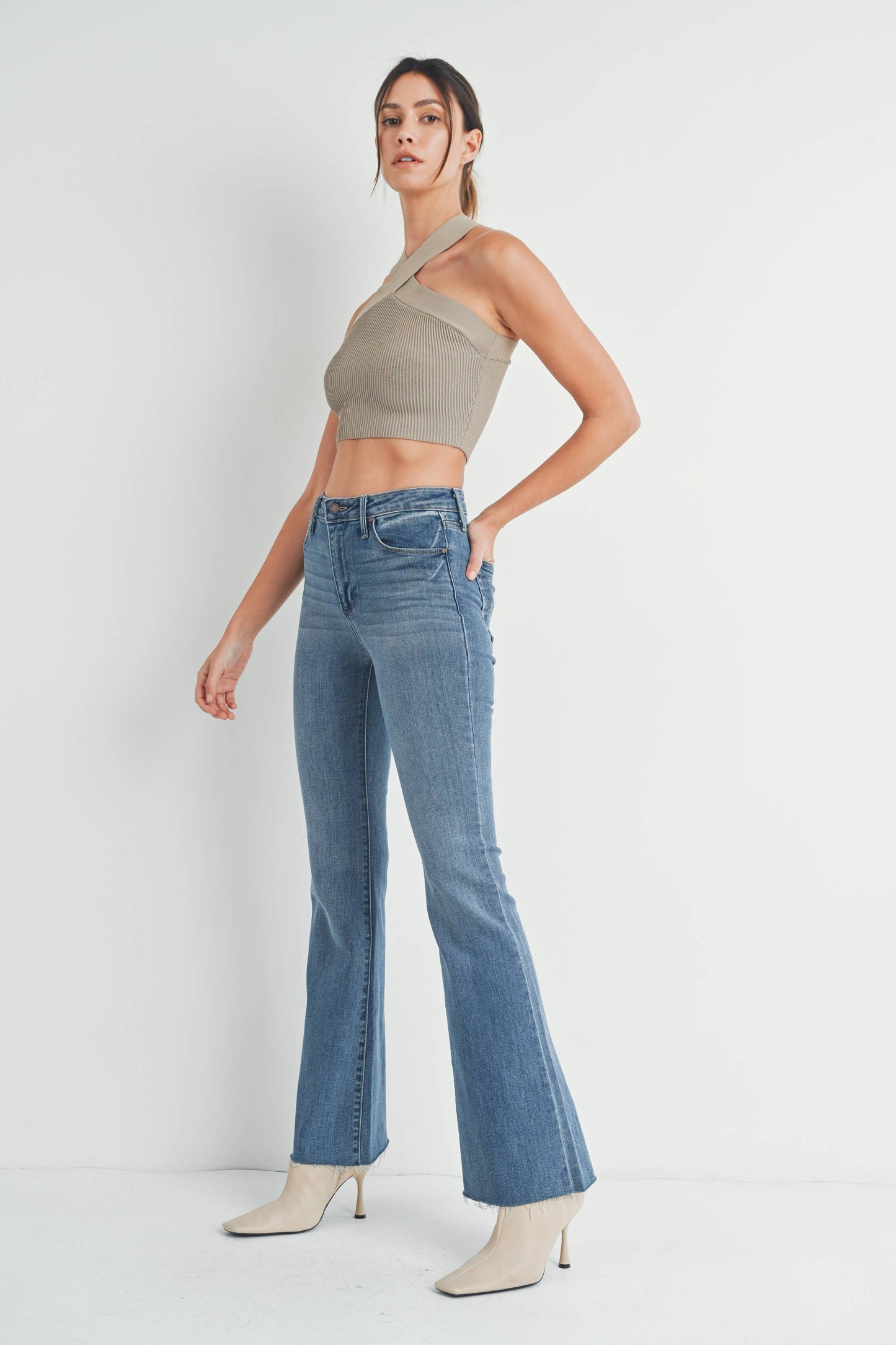 High Rise Scissor Cut Flare- Med wash