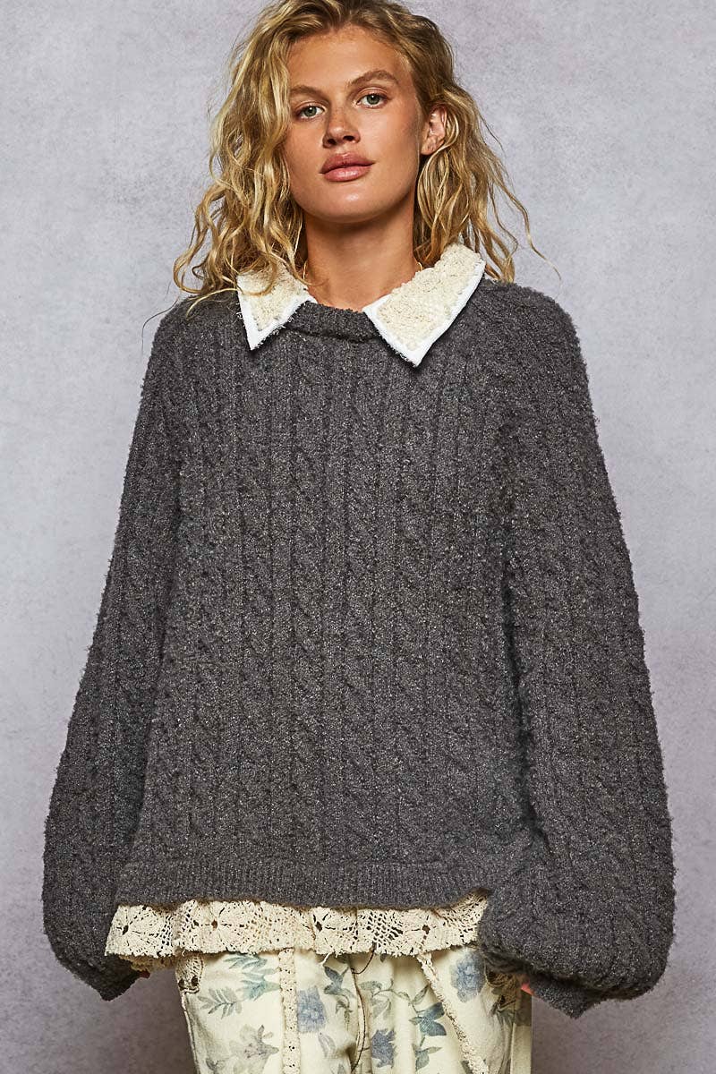 Collar neck double gauze crochet patch sweater top