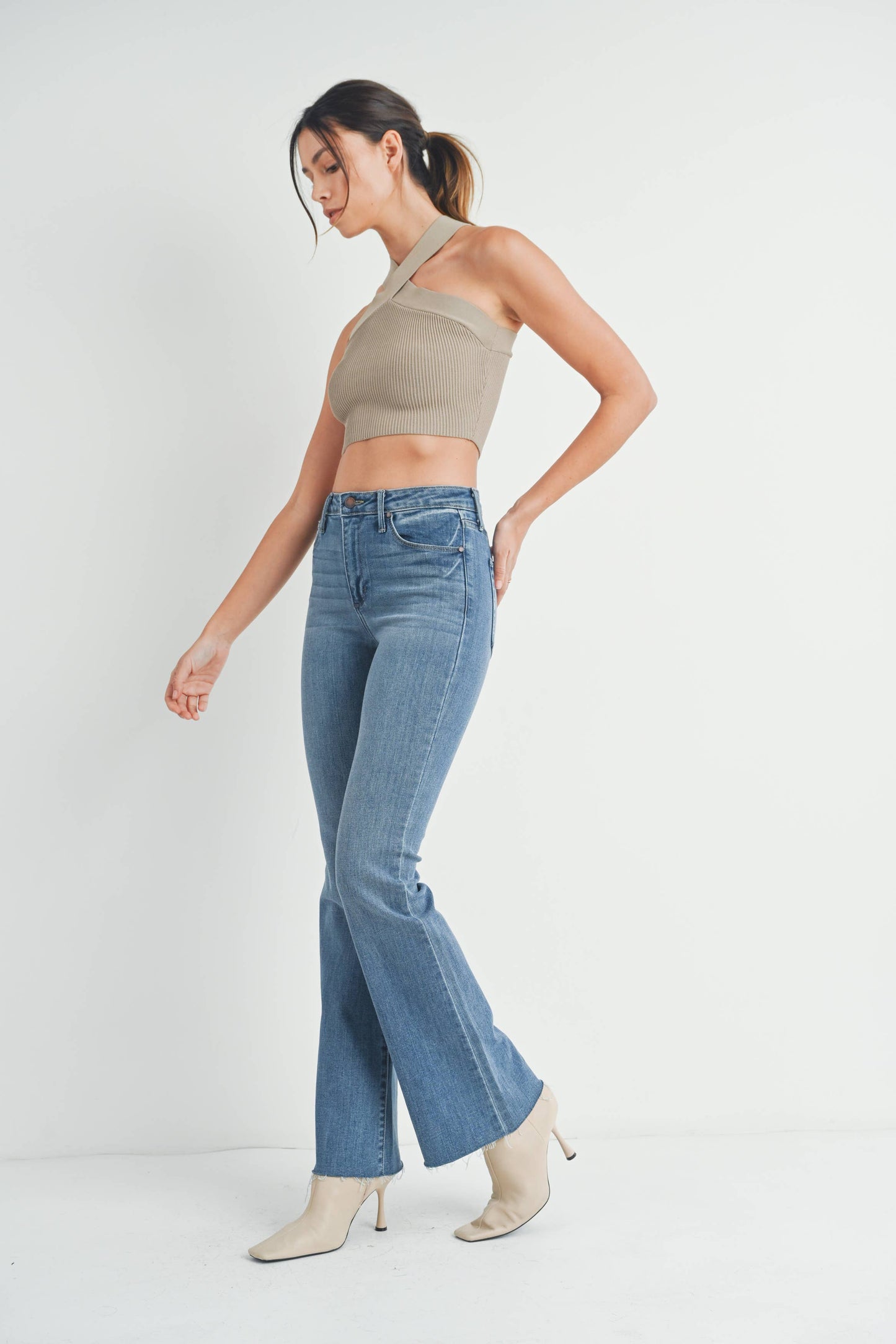 High Rise Scissor Cut Flare- Med wash