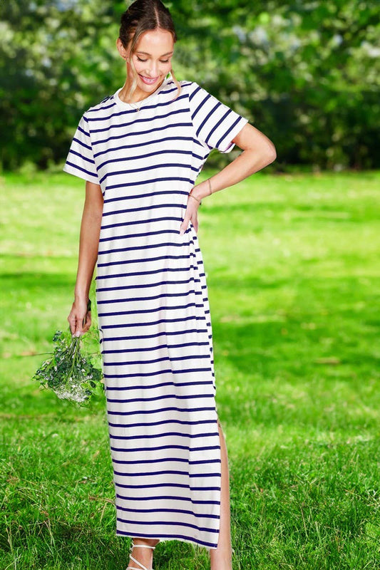Crew Neck Striped Cotton Maxi Dress