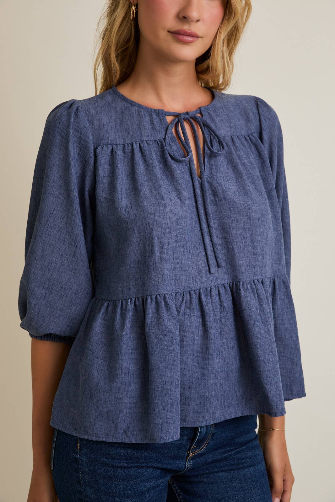 Round Neck Front Tie 3/4 Sleeve
