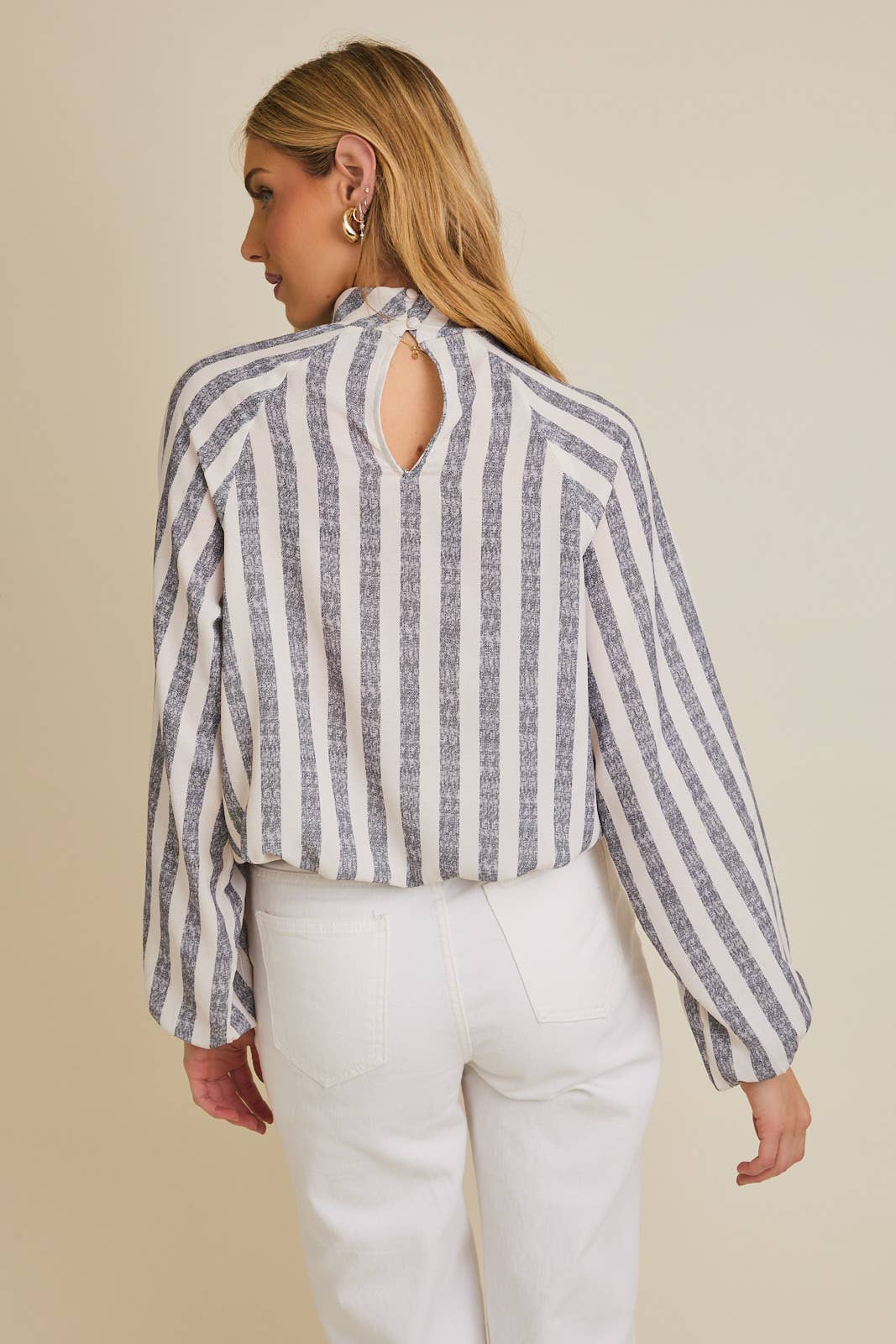 Mock Neck Surlice Stripe Top