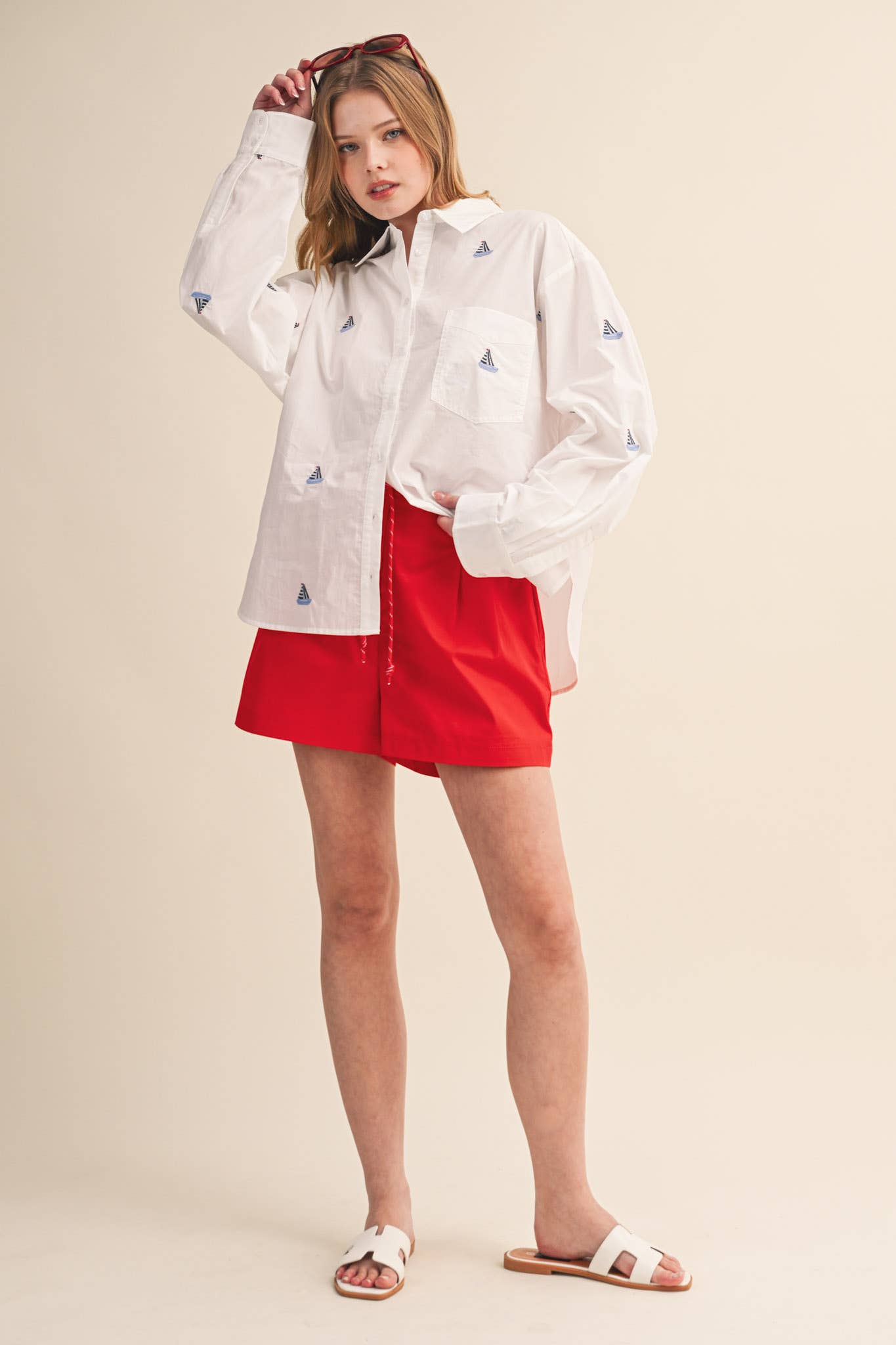 Sailboat Embroidery Button Down Top