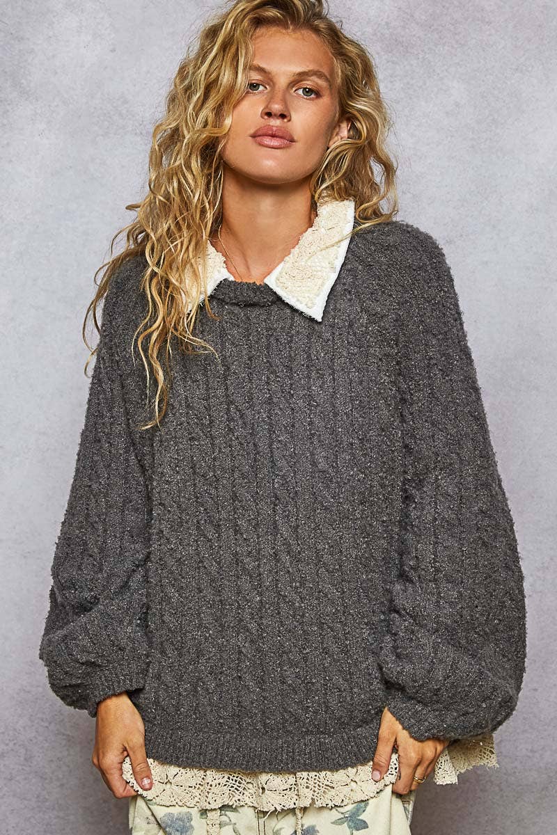 Collar neck double gauze crochet patch sweater top