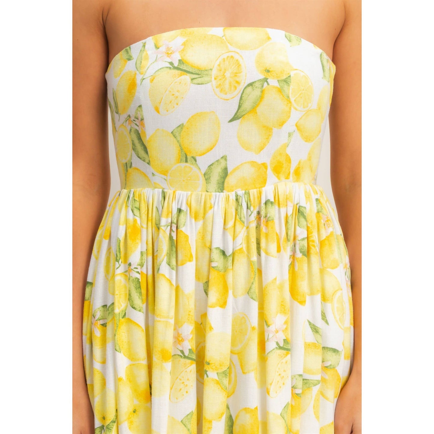Strapless Lemon-Print Midi Dress