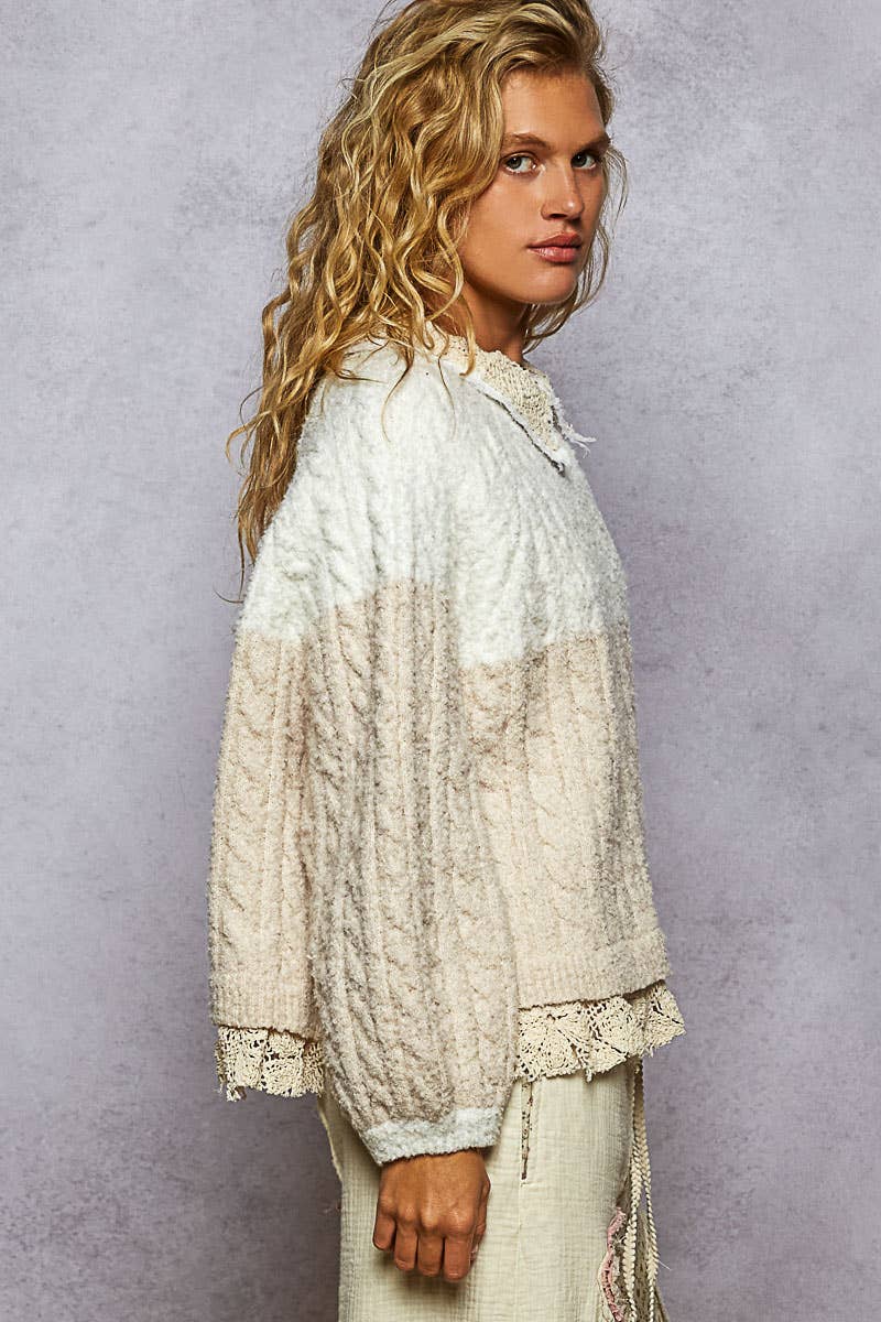 Collar neck double gauze crochet patch sweater top
