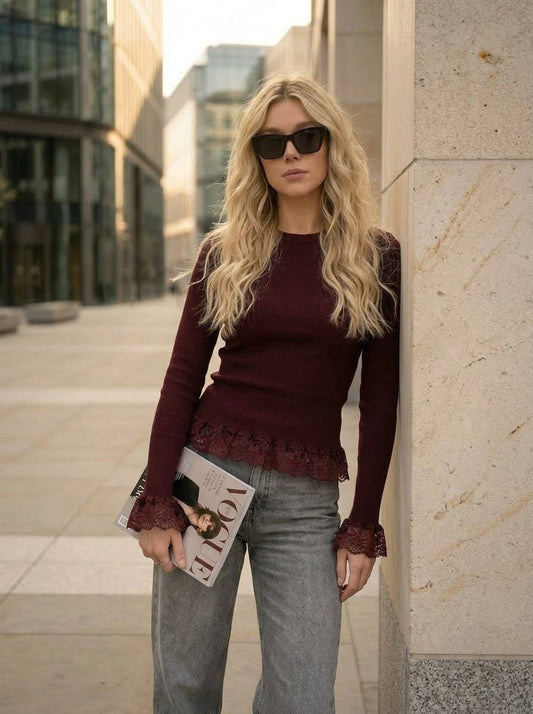 Lace Trim Hem Detail Rib Knit Top