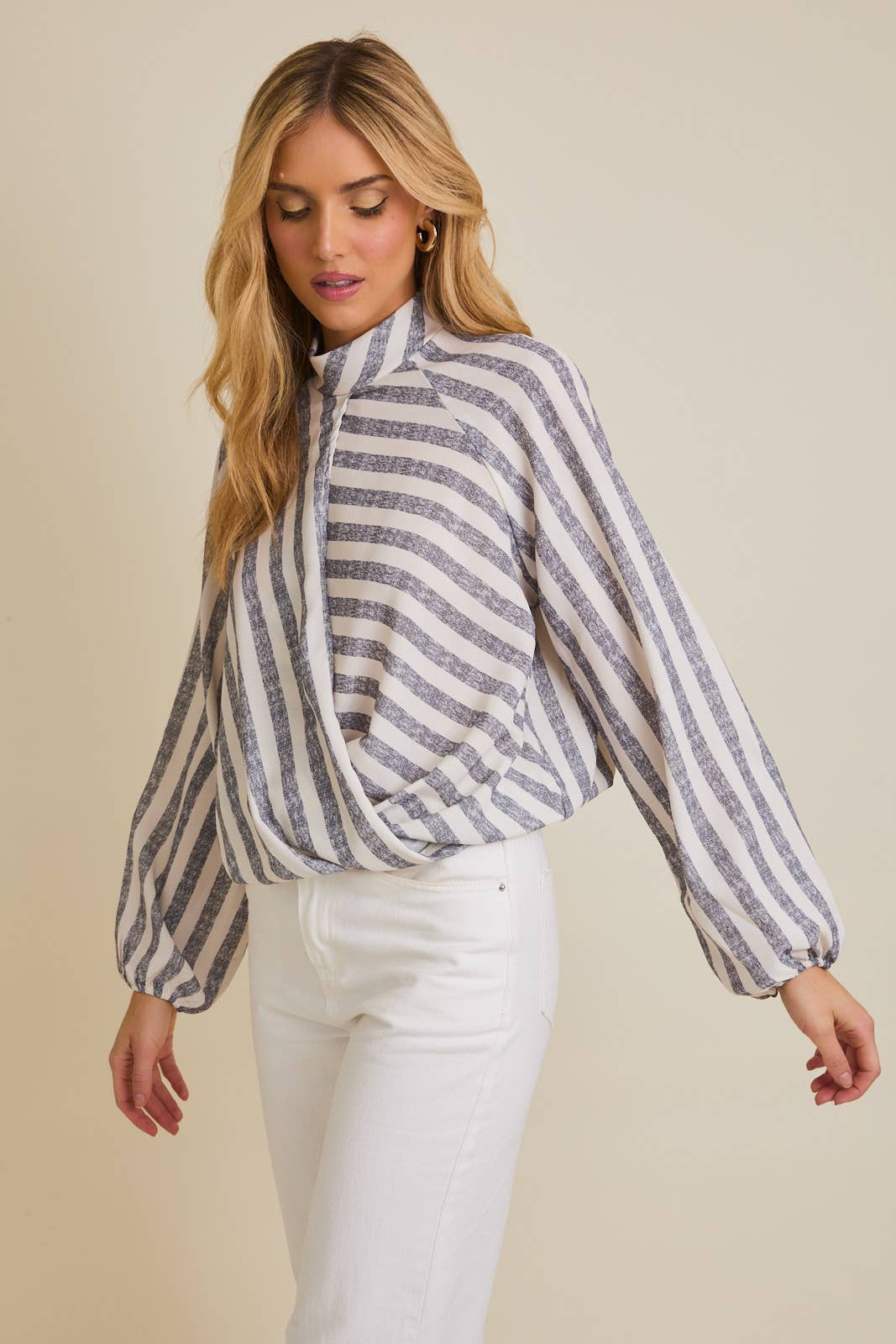 Mock Neck Surlice Stripe Top