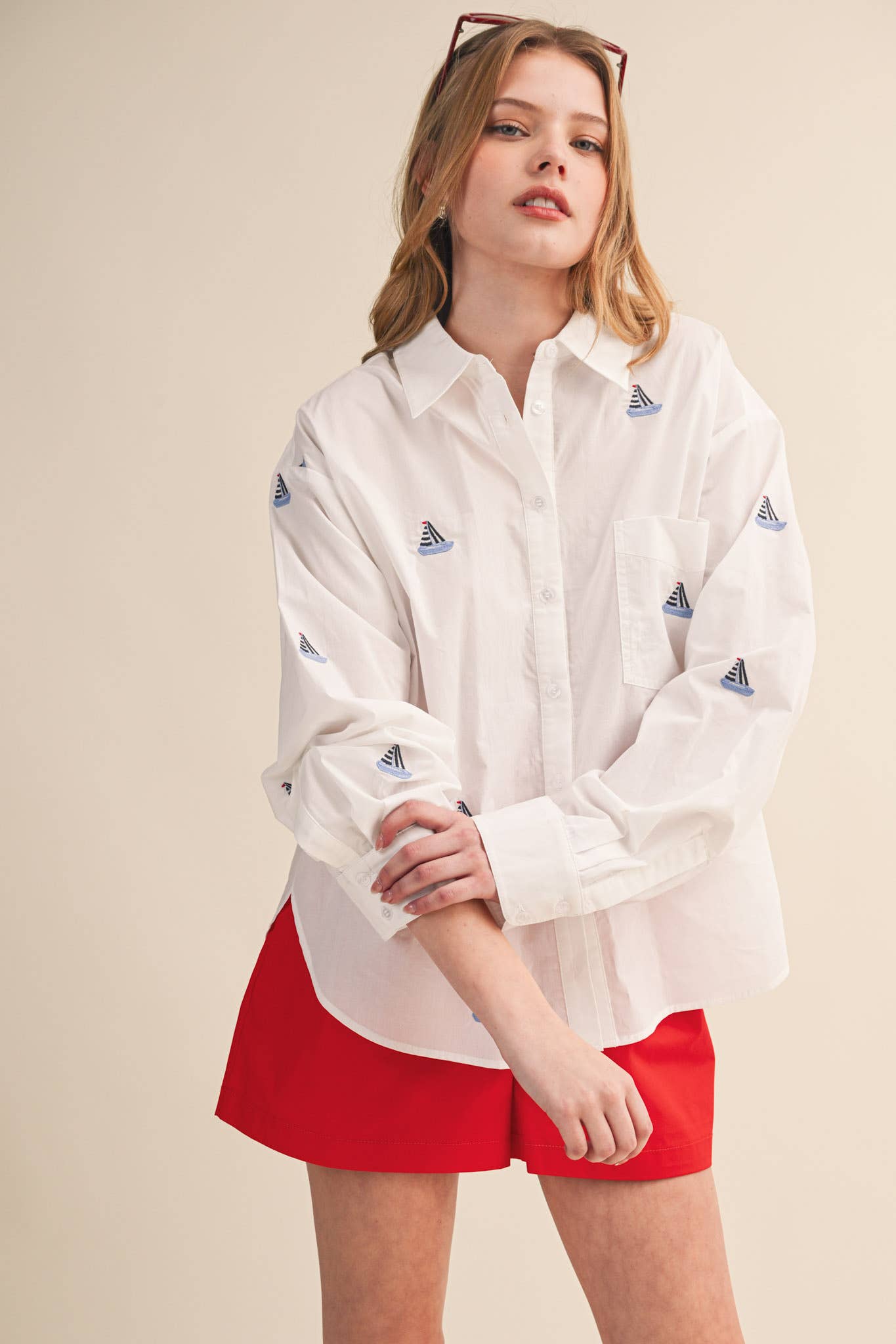 Sailboat Embroidery Button Down Top