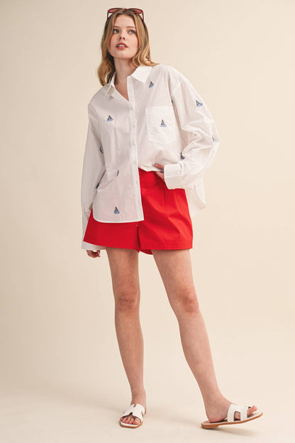 Sailboat Embroidery Button Down Top