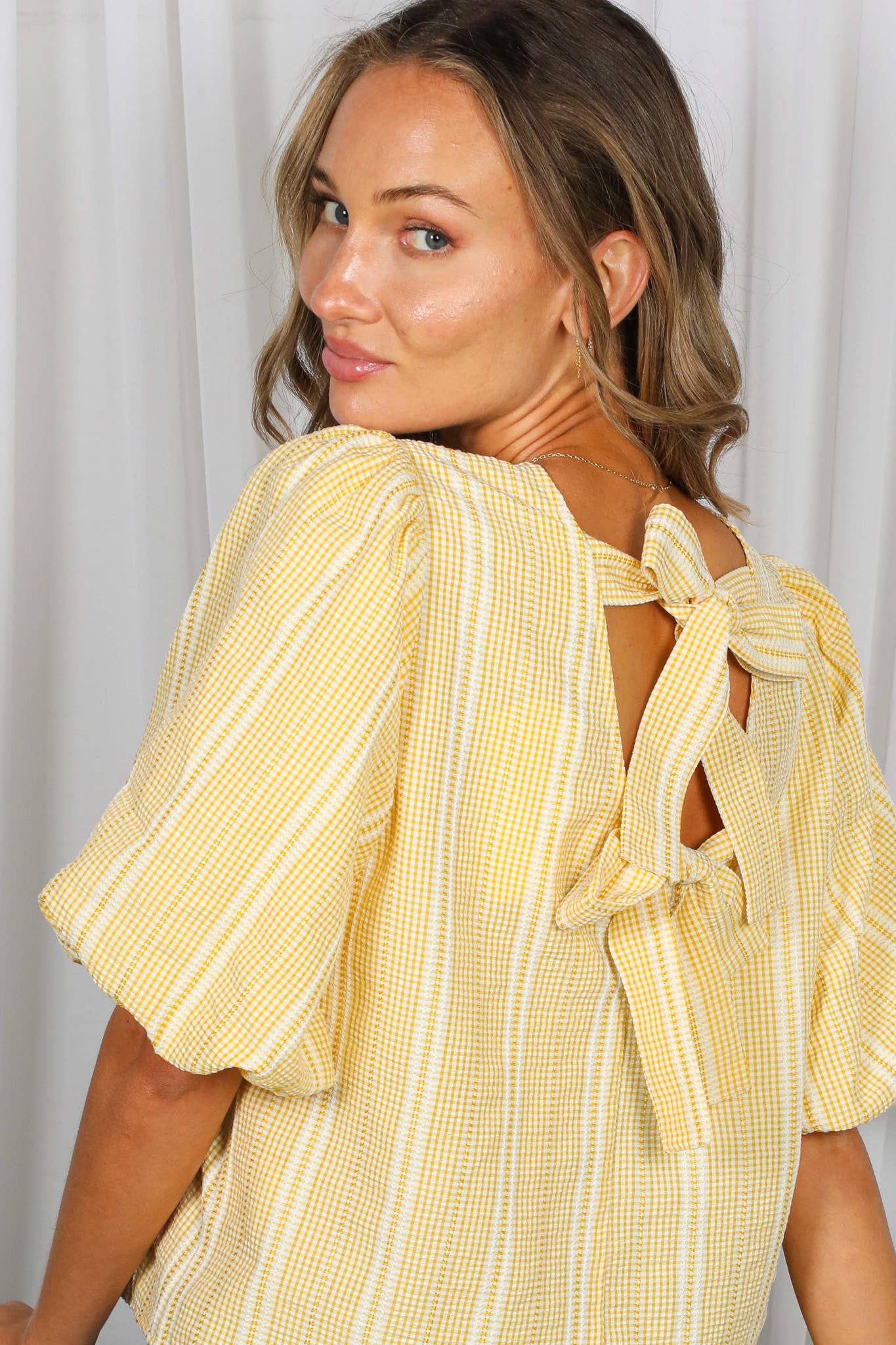 V-Back 2 Bow Accent Plaid Blouse