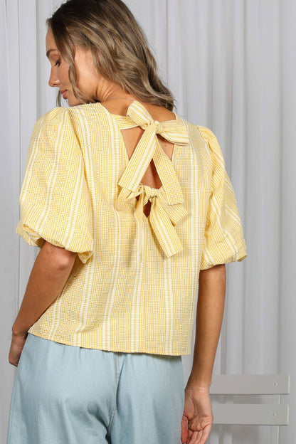 V-Back 2 Bow Accent Plaid Blouse