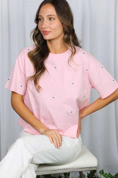 Floral Embroidered Crew Neck Top