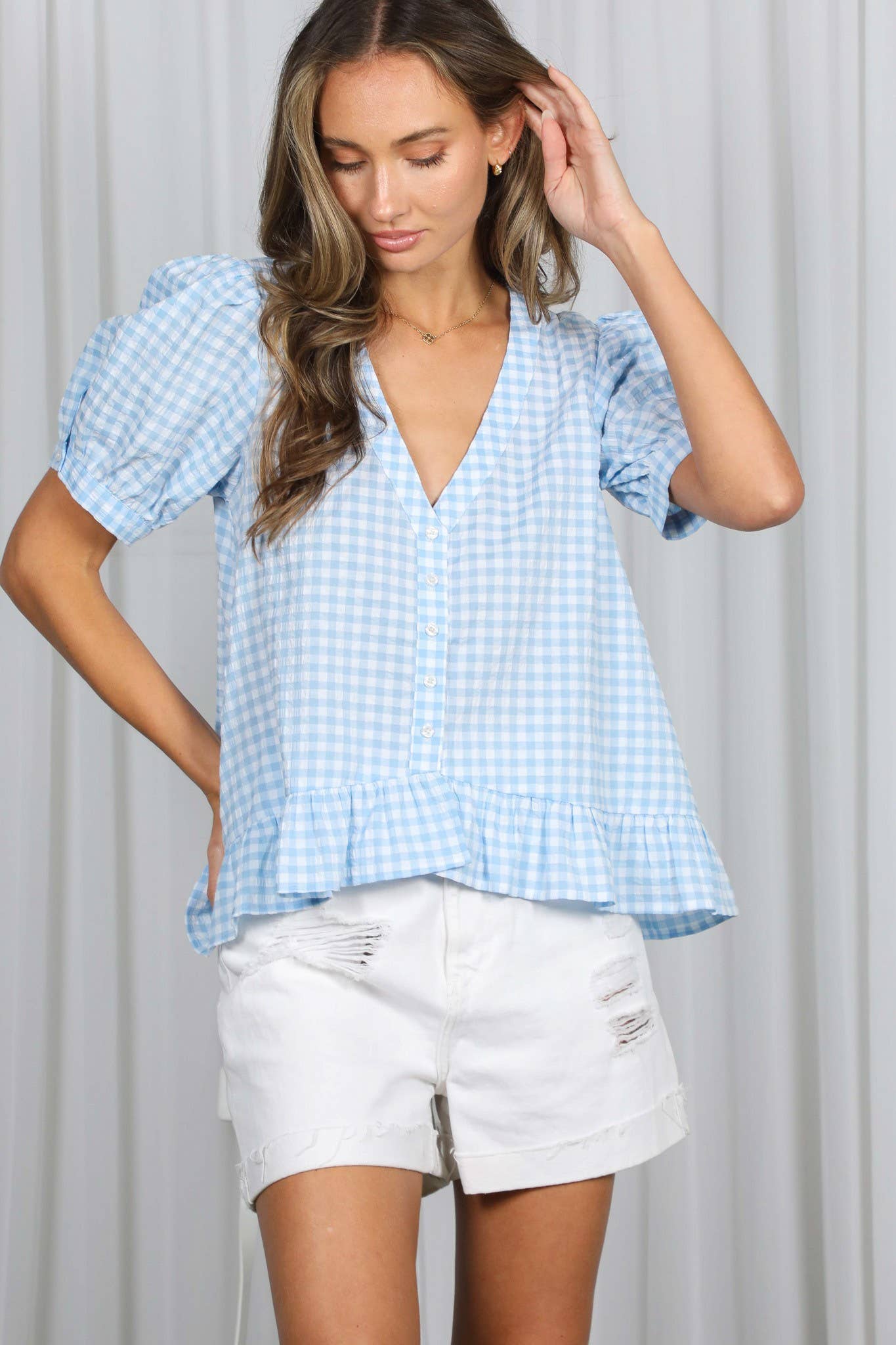 Gingham Short Puff Sleeve Blouse