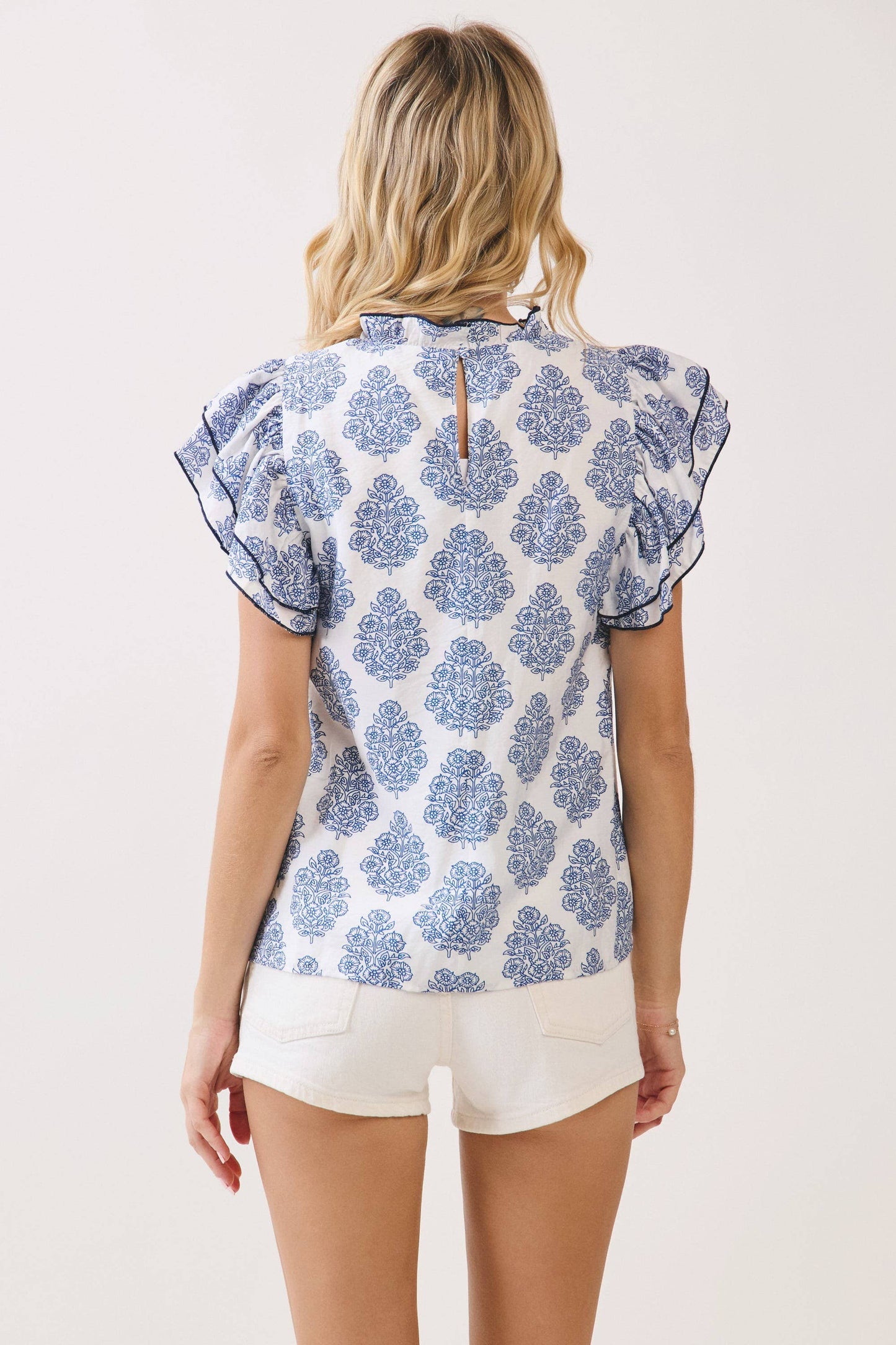 Contrast Trim Ruffle Sleeve Blouse