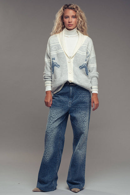 Horse Motif Shawl Collar Cardigan