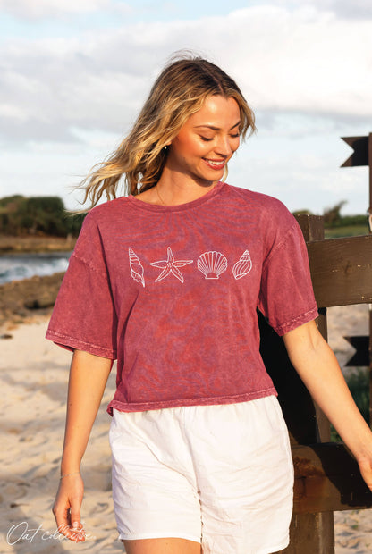 SEASHELLS ROW Cropped Mineral Washed Graphic Top