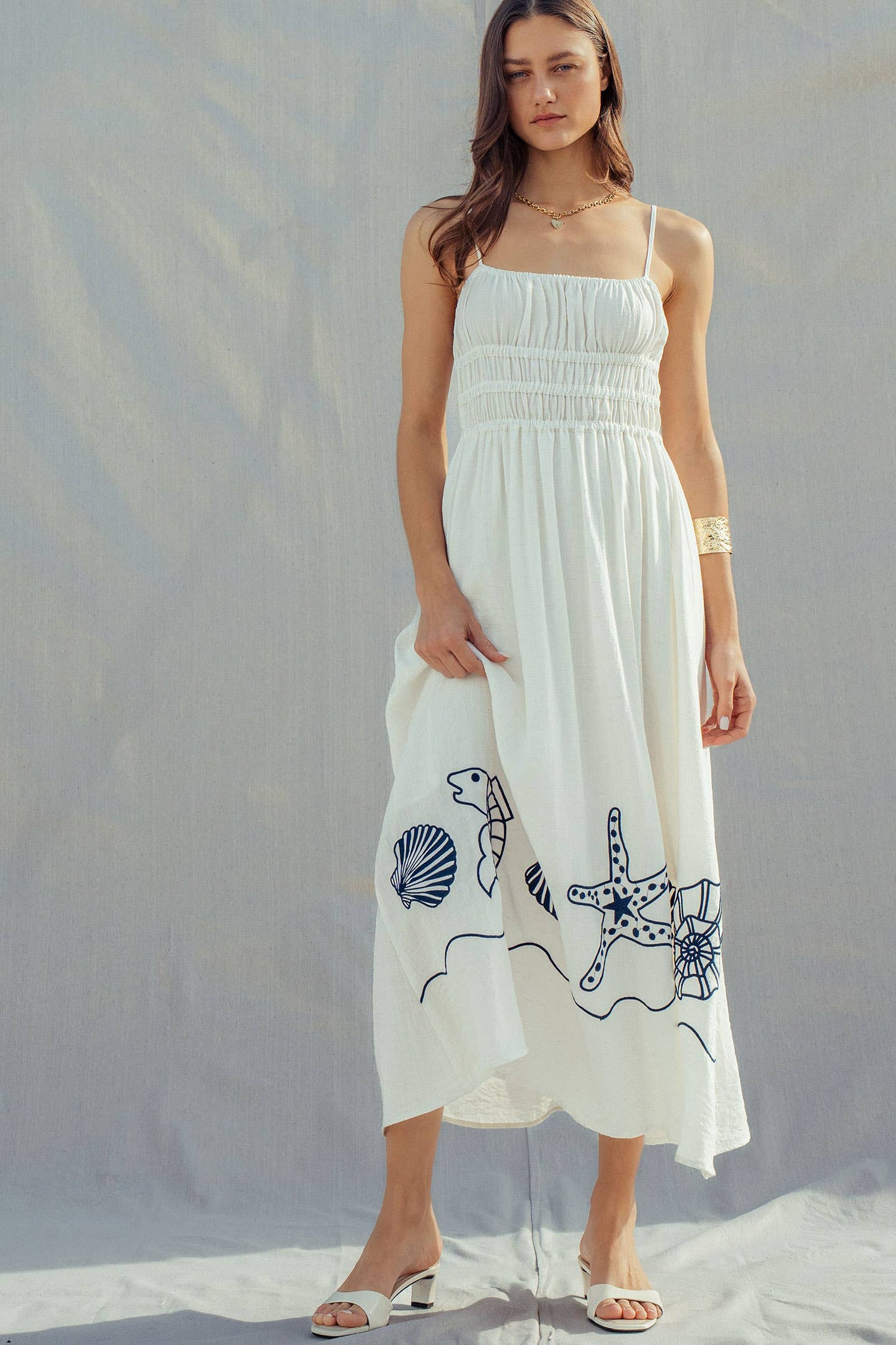 Seashell Embroidered Linen Blend Dress