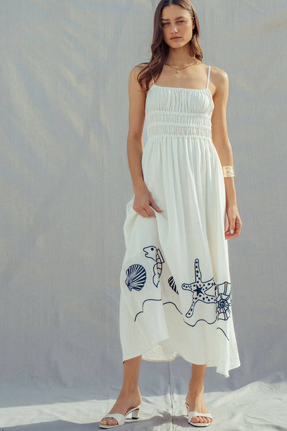 Seashell Embroidered Linen Blend Dress
