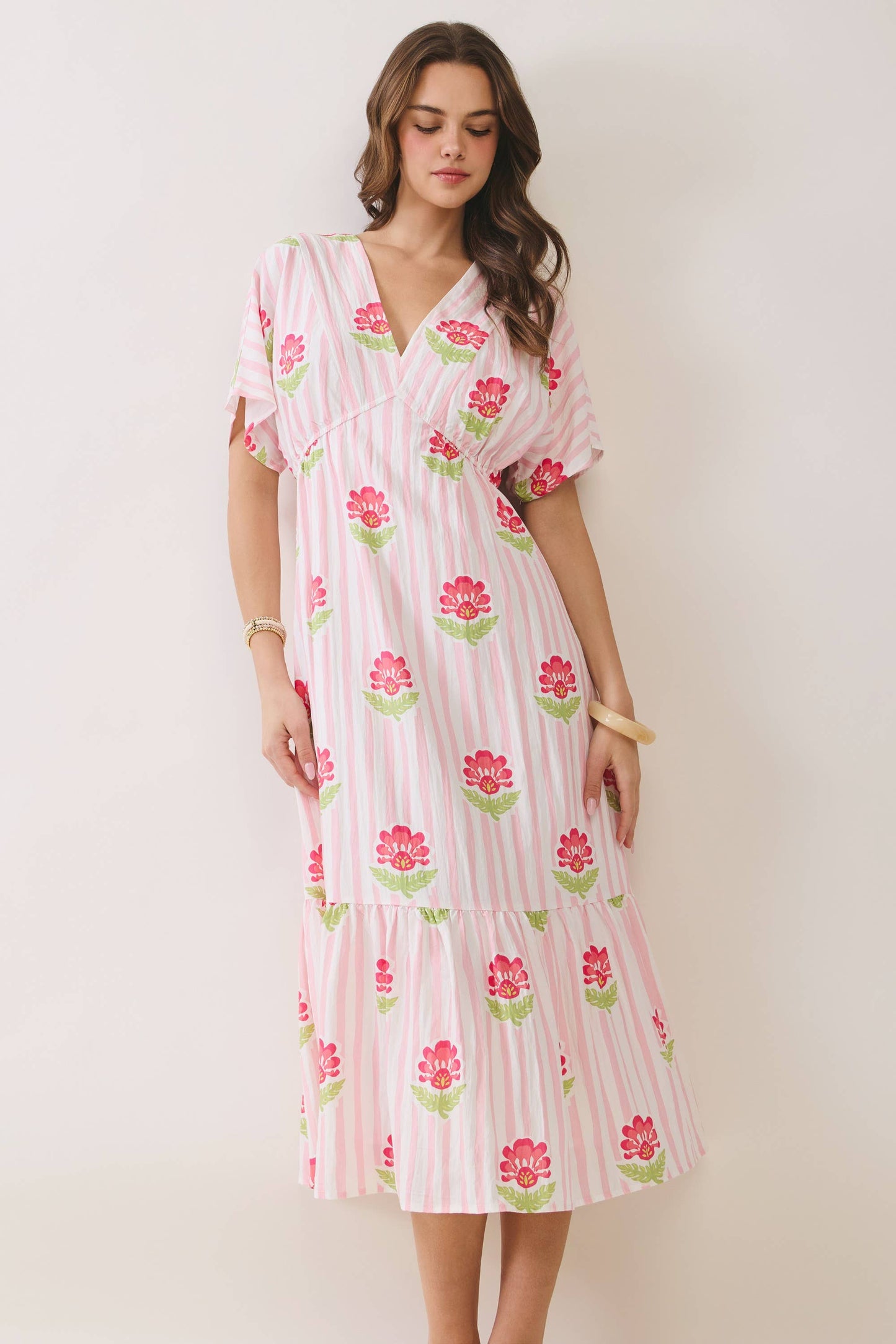 Floral Stripe Print V Neck Midi Dress