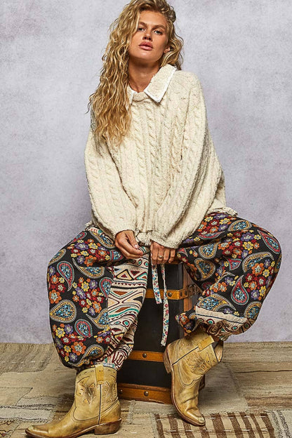 Collar neck double gauze crochet patch sweater top