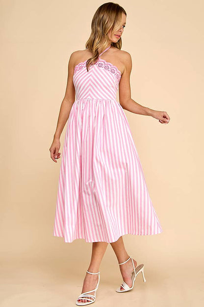 Scalloped halter neckline midi dress