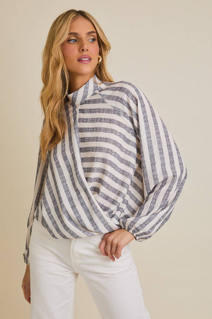 Mock Neck Surlice Stripe Top