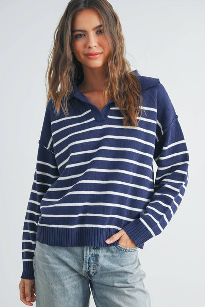 BMW7468 - V-NECK STRIPED SWEATER